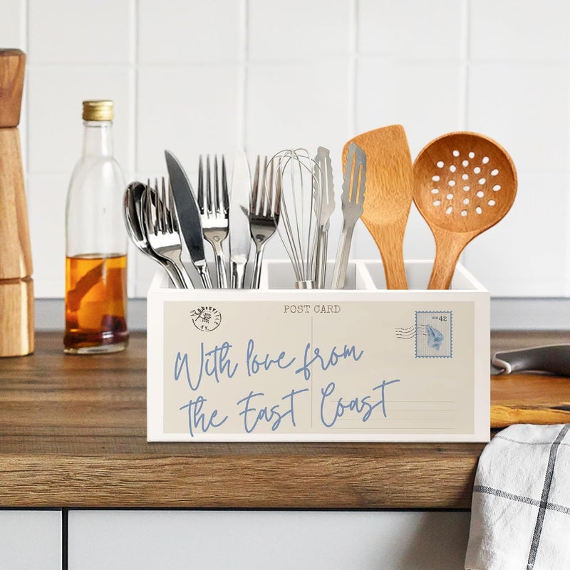 KBRCT With Love From the East Coast Coastal Wooden Utensils Holder, Vintage Postcard Blue Beachy Wood Cooking Utensil Holder Organizer for Kitchen Countertop Counter Decor Accessories - Image 5